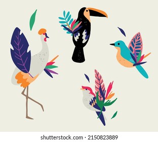 Сomposition of exotic leaves, flowers, birds. Isolated on white background. Decorative bouquet with tropical birds and leaves.