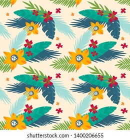 Exotic leaves and flowers hand drawn vector seamless pattern. Tropical plant drawing. Scandinavian style backdrop.  Botanical wrapping paper, textile, background flat design