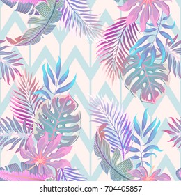 Exotic leaves and flowers on geometric ornament. Seamless tropical pattern. Vector background with plants and flowers in light pastel palette