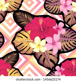 Exotic leaves and flowers on geometrical ornament. Seamless tropical pattern. Vector background.