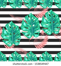 Exotic leaves and flowers on geometrical ornament. Seamless tropical pattern.