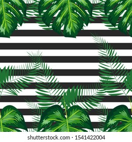 Exotic leaves and flowers on geometrical ornament. Seamless tropical pattern.