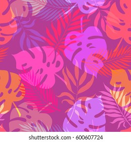 Exotic leaves and flowers on geometrical ornament. Seamless tropical pattern. Vector background with palm leaves