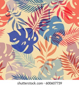 Exotic leaves and flowers on geometrical ornament. Seamless tropical pattern. Vector background with palm leaves