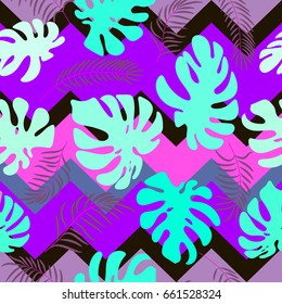 Exotic leaves and flowers on geometrical ornament. Seamless tropical pattern. Vector background