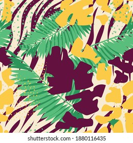 Exotic leaves and flowers seamless pattern. Tropical jungle forest garden plants repeating print for backdrop, wallpaper, packaging, textile botanical design vector illustration