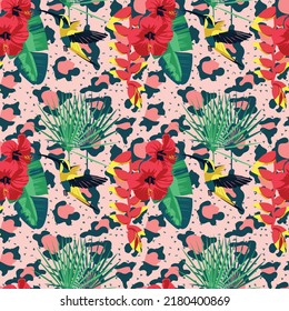 Exotic leaves and flowers seamless pattern. Tropical jungle forest garden plants repeating print for backdrop, wallpaper, packaging, textile botanical design vector illustration