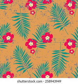 Exotic leaves and flowers seamless pattern.Old paper grunge texture.