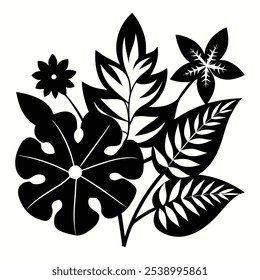 Exotic leaves and flowers silhouette vector art featuring intricate designs perfect for print, wall decor, branding, and digital projects.