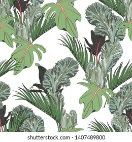 Exotic leaves, green tropical palms and cacti, white background. Floral seamless pattern. Tropical illustration. Summer beach design. Paradise nature. 