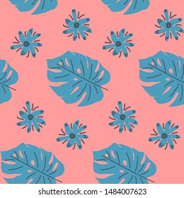 Exotic leaves hand drawn seamless pattern. Tropical plant drawing. Scandinavian style backdrop. banana, palm, monstera leaves. Botanical wrapping paper, textile, background flat design