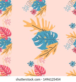 Exotic leaves hand drawn seamless pattern. Tropical plant drawing. Scandinavian style backdrop. banana, palm, monstera leaves. Botanical wrapping paper, textile, background flat design
