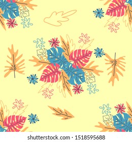 Exotic leaves hand drawn seamless pattern. Tropical plant drawing. Scandinavian style backdrop. banana, palm, monstera leaves. Botanical wrapping paper, textile, background flat design