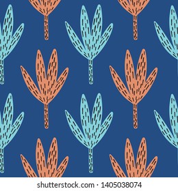 Exotic leaves hand drawn vector seamless pattern. Tropical plants drawing. Botanical wrapping paper, textile, background fill design.