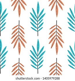 Exotic leaves hand drawn vector seamless pattern. Tropical plants drawing. Botanical wrapping paper, textile, background fill design.