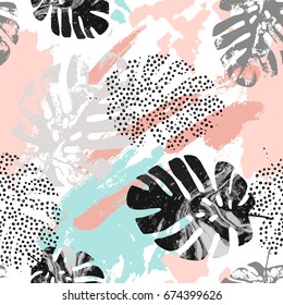Exotic leaves on abstract background. Modern vector illustration with tropical monstera leaves, grunge, marbling textures, rough brush strokes, doodles, minimal elements. Creative seamless pattern