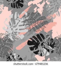 Exotic leaves on abstract background. Modern vector illustration with tropical monstera leaves, grunge, marbling textures, rough brush strokes, doodles, minimal elements. Creative seamless pattern