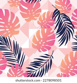 Exotic leaves on geometrical rhombus background. Seamless tropical pattern. Monstera plant, palm leaf silhouettes on geo ornament. Vector art illustration for summer design, floral prints, wallpaper