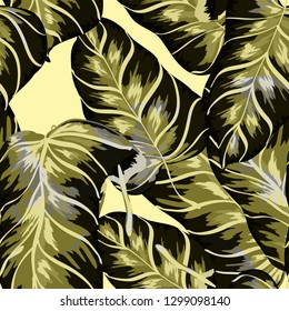 Exotic leaves on a green background. Tropical pattern with banana leaves.