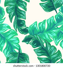 Exotic leaves on a green background. Tropical pattern with banana leaves.