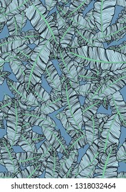 Exotic leaves on a green background. Tropical pattern with banana leaves.