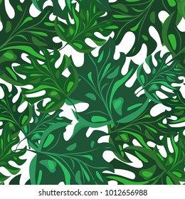 exotic leaves on white background, seamless pattern