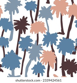 Exotic leaves palm background. Creative seamless tropical pattern with palm tree. Summer floral backdrop. Doodle style design for fabric, textile print, surface, wrapping, cover.