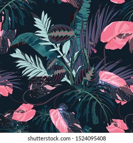 Exotic leaves, pink liana branches, bananas and many kinds of plant seamless pattern. Night background.