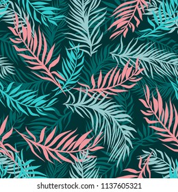 Exotic leaves, rainforest plants background. Seamless hand drawn tropical pattern in modern pink and blue colors. Vector background can be used for clothing, textile, fashion, interior, stationery web
