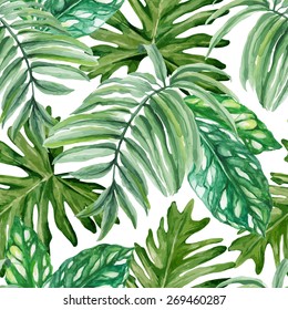 Exotic Leaves, Rainforest. Seamless, Hand Painted, Watercolor Pattern. Vector Background.