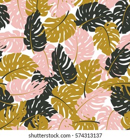 Exotic leaves, rainforest. Seamless hand drawn tropical  pattern. Vector background with monstera leaf.