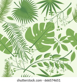 Exotic leaves, rainforest. Seamless realistic tropic leaf pattern. Palm leaf, banana leaf, hibiscus, plumeria flowers. Jungle trees.Botanical floral illustration. Set of vector trendy illustrations