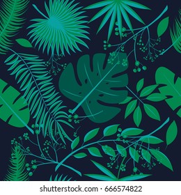 Exotic leaves, rainforest. Seamless realistic tropic leaf pattern. Palm leaf, banana leaf, hibiscus, plumeria flowers. Jungle trees.Botanical floral illustration. Set of vector trendy illustrations