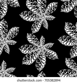 Exotic Leaves. Seamless Black and White Pattern with Hand Drawn Tropical Leaves in Zentangle Style. Vintage Monochrome Seamless Texture for Dress, Cloth, Wallpaper, Wrapping.