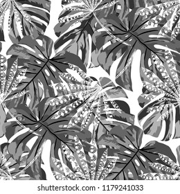 Exotic Leaves. Seamless Pattern with Australian Rainforest. Vintage Black and White Texture for Dress, Swimwear, Cloth. Vector Tropical Pattern.