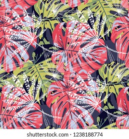 Exotic Leaves. Seamless Pattern with Australian Jungle. Vintage Colorful Texture for Fabric, Wallpaper, Linen. Vector Tropical Pattern.