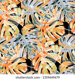 Exotic Leaves. Seamless Pattern with Australian Rainforest. Trendy Colorful Texture for Dress, Swimwear, Cloth. Vector Tropical Pattern.