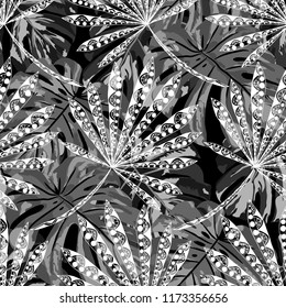 Exotic Leaves. Seamless Pattern with Brasilian Rainforest. Vintage Black and White Texture for Print, Textile, Underwear. Vector Tropical Pattern.