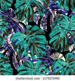 Exotic Leaves. Seamless Pattern with Brasilian Jungle. Vintage Colorful Texture for Print, Textile, Linen. Vector Tropical Pattern.