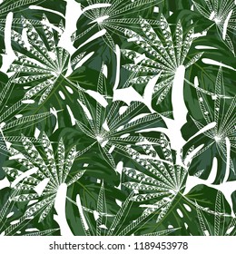 Exotic Leaves. Seamless Pattern with Brasilian Rainforest. Retro Colorful Texture for Paper, Swimwear, Cloth. Vector Tropical Pattern.
