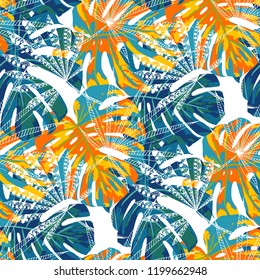 Exotic Leaves. Seamless Pattern with Brasilian Rainforest. Retro Colorful Texture for Paper, Swimwear, Cloth. Vector Tropical Pattern.