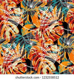 Exotic Leaves. Seamless Pattern with Brasilian Jungle. Retro Colorful Texture for Fabric, Textile, Linen. Vector Tropical Pattern.