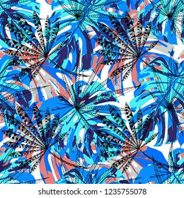 Exotic Leaves. Seamless Pattern with Brasilian Rainforest. Trendy Colorful Texture for Fabric, Wallpaper, Textile. Vector Tropical Pattern.