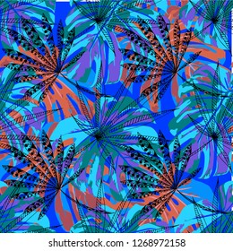Exotic Leaves. Seamless Pattern with Brasilian Jungle. Retro Colorful Texture for Fabric, Textile, Linen. Vector Tropical Pattern.