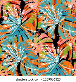 Exotic Leaves. Seamless Pattern with Brasilian Rainforest. Vintage Colorful Texture for Wallpaper, Swimwear, Underwear. Vector Tropical Pattern.