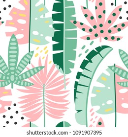 Exotic leaves seamless pattern. Hand drawn tropical summer background.