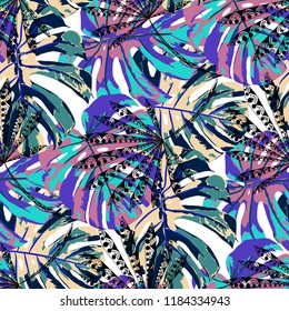 Exotic Leaves. Seamless Pattern with Hawaiian Rainforest. Trendy Colorful Texture for Fabric, Textile, Linen. Vector Tropical Pattern.