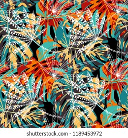 Exotic Leaves. Seamless Pattern with Hawaiian Rainforest. Vintage Colorful Texture for Print, Textile, Underwear. Vector Tropical Pattern.