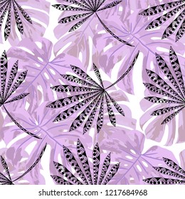 Exotic Leaves. Seamless Pattern with Hawaiian Rainforest. Vintage Colorful Texture for Print, Swimwear, Underwear. Vector Tropical Pattern.