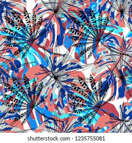 Exotic Leaves. Seamless Pattern with Hawaiian Rainforest. Trendy Colorful Texture for Fabric, Wallpaper, Linen. Vector Tropical Pattern.